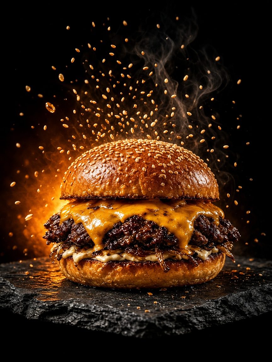AI concept of a smash burger with flying sesame seeds