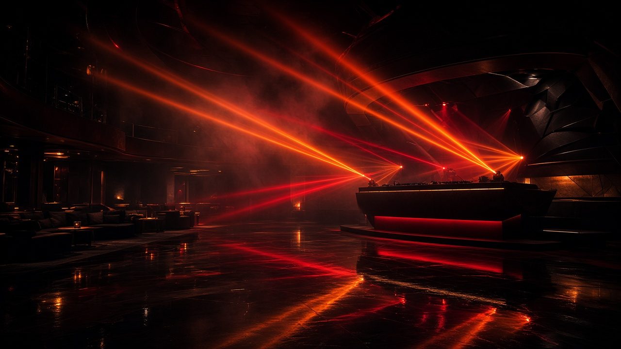 AI concept of an empty club lit with orange lasers