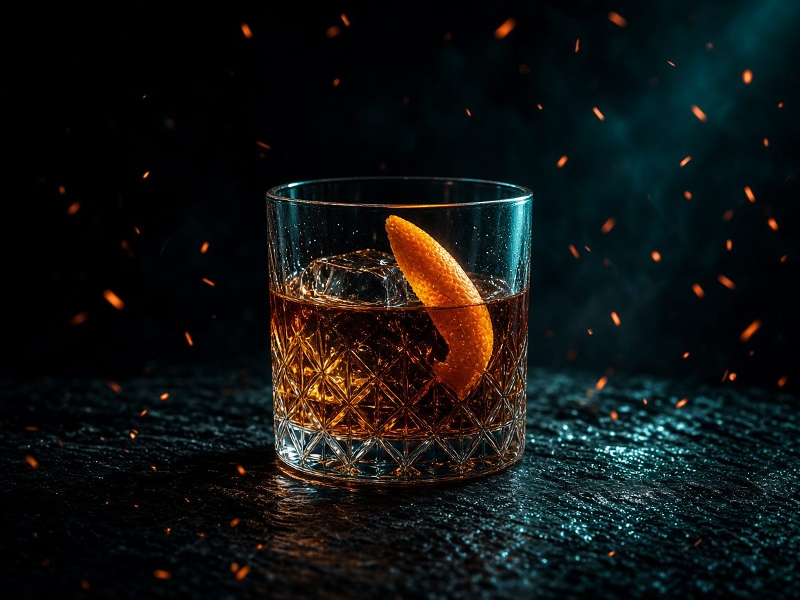 AI concept of an amber cocktail with floating embers