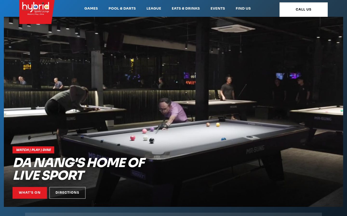 Desktop home page of the proposed Hybrid Sports Lounge website: a pool hall with players and the headline Da Nang's home of live sport