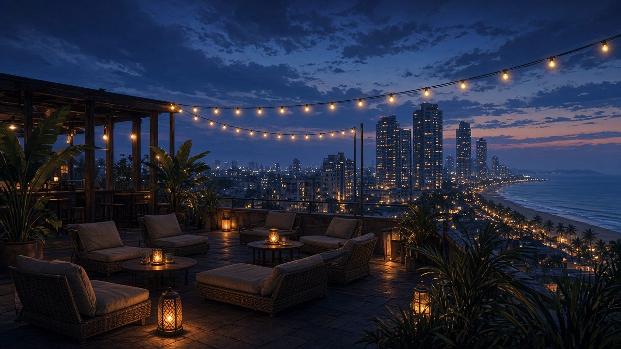 AI concept of a rooftop bar at blue hour over a coastal city